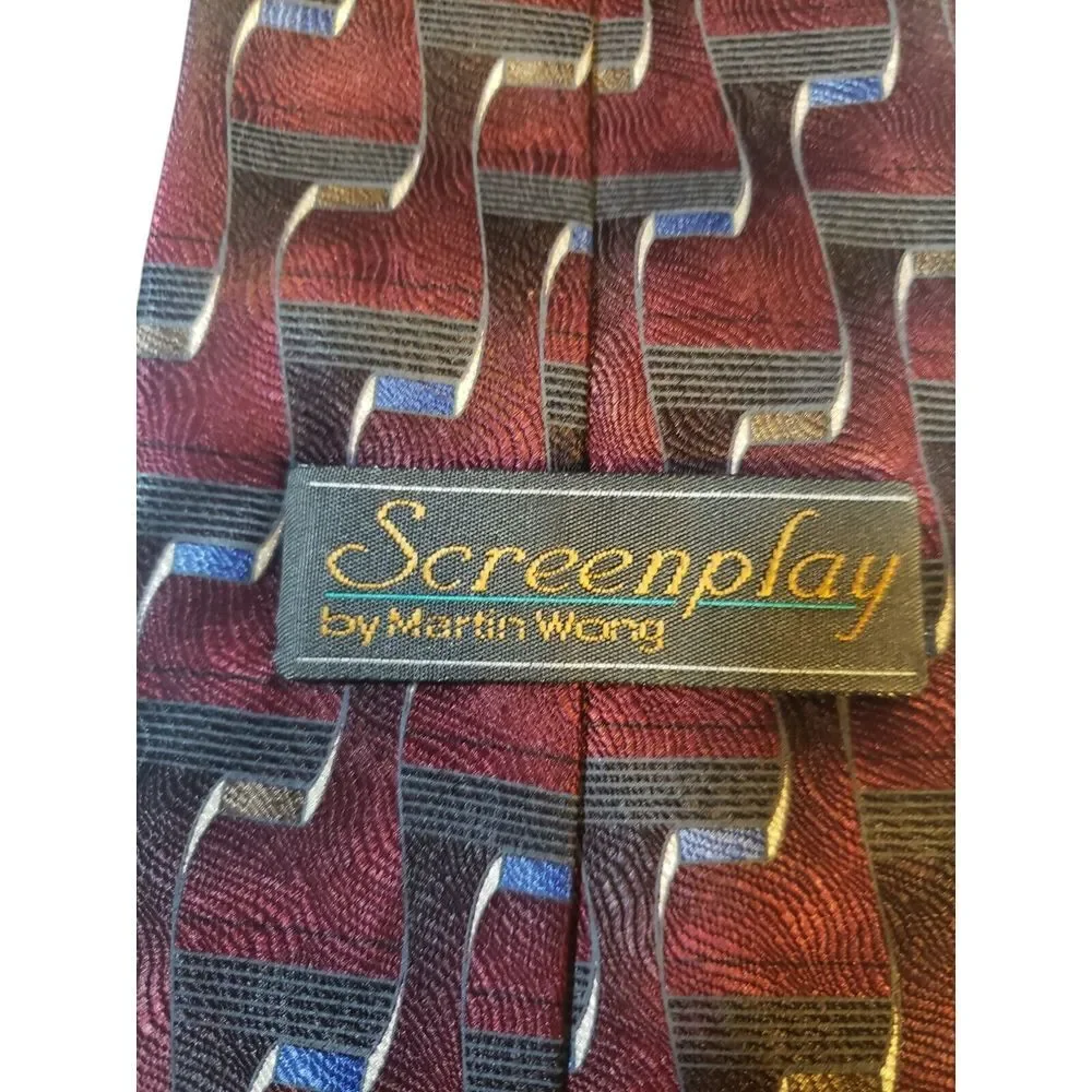 Screenplay by Martin Wong Men Tie Necktie Designer Burgundy Brown Blue Geometric